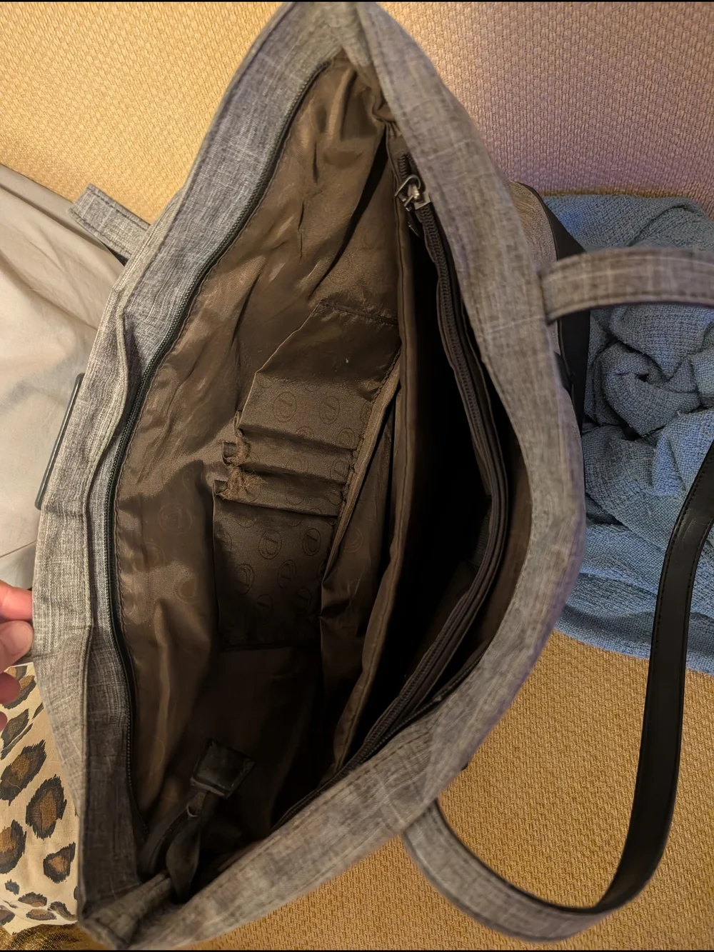 Grey and Black Tote Bag with Faux Leather Trim